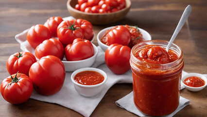 Chili tomato sauce in a glass jar, tomatoes and herbs on its side.