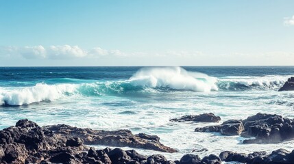 Fototapeta premium Majestic Waves Crashing Against Rugged Coastal Rocks