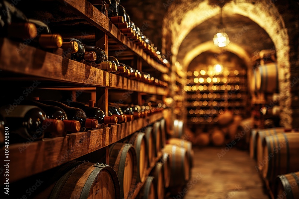 Poster Exploring a rustic wine cellar with wooden barrels and wine bottles neatly organized on sturdy shelves. Generative AI