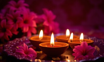 Ornate golden diya lamp, glowing candles