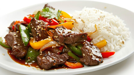 Chateaubriand Stir-fry on a white backdrop, featuring sliced beef tenderloin with bell peppers, onions, soy sauce, and steamed jasmine rice, garnished with sesame seeds.