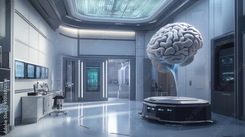 Aufkleber a futuristic laboratory with a large brain model floating on a platform, surrounded by computers and