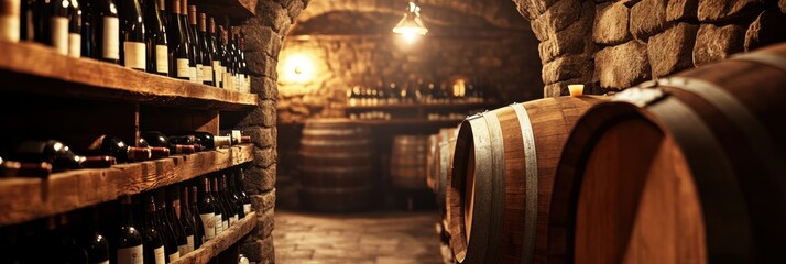 Explore the enchanting wine cellar featuring wooden barrels and neatly arranged wine bottles in a rustic stone setting. Generative AI