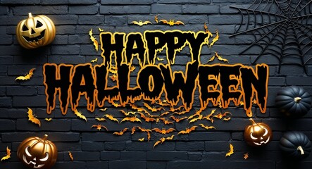 Fototapeta premium Black and gold theme happy halloween lettering on scary creepy concept background