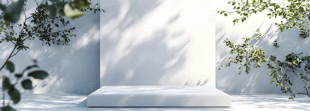 Poster 1. a sleek 3d rendering of a white podium stand set outdoors, bathed in natural light, with gentle t