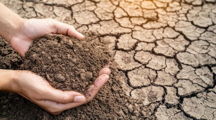A closeup of hands holding rich, fertile soil next to barren, eroded land, symbolizing the environmental impact of sustainable farming versus poor land management