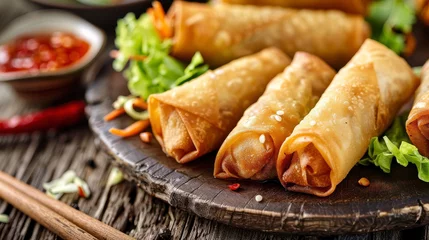Fotobehang Peking Peking Duck Spring Rolls: crispy rolls filled with shredded duck, vermicelli, and vegetables, served with lettuce and sweet chili sauce.  © Yana Buzhynska