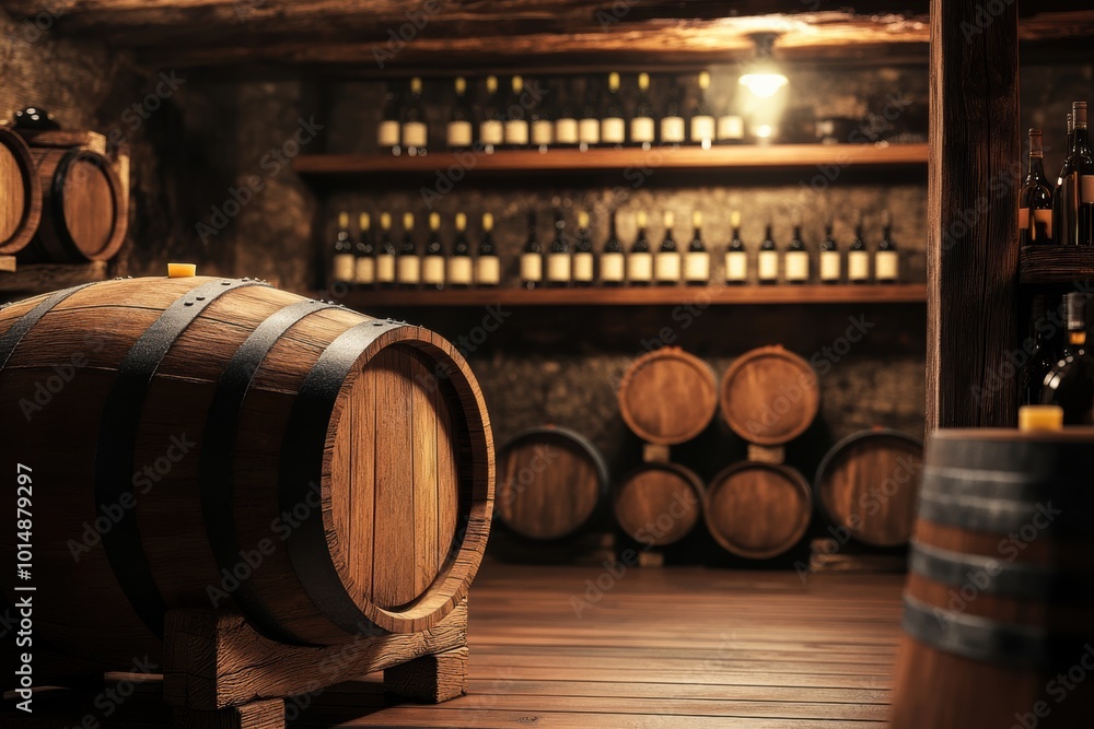 Aufkleber Explore a rustic wine cellar with wooden barrels and bottles lined on sturdy shelves for an authentic tasting experience. Generative AI