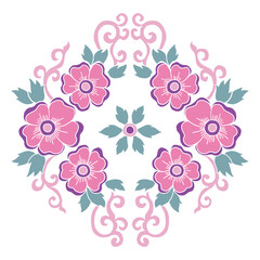 embroidery pink flower with green leaves and curly ornament for fashion textile, vector illustration