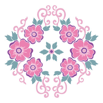 embroidery pink flower with green leaves and curly ornament for fashion textile, vector illustration