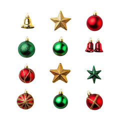 A collection of colorful Christmas ornaments featuring bells, stars, and baubles isolated on transparent background.
