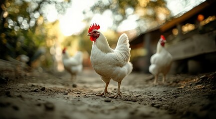 Fototapeta premium Group of chickens on a farm yard chicken eco farm, free range chickens and care of poultry, raising chickens on a poultry farm