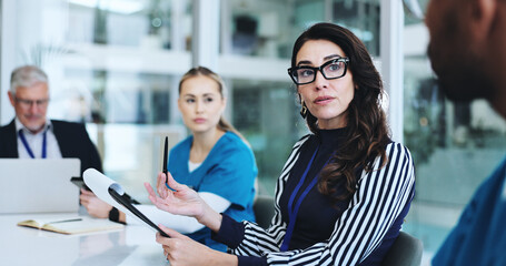 Medical team, people and meeting at boardroom for report, results and progress on healthcare...