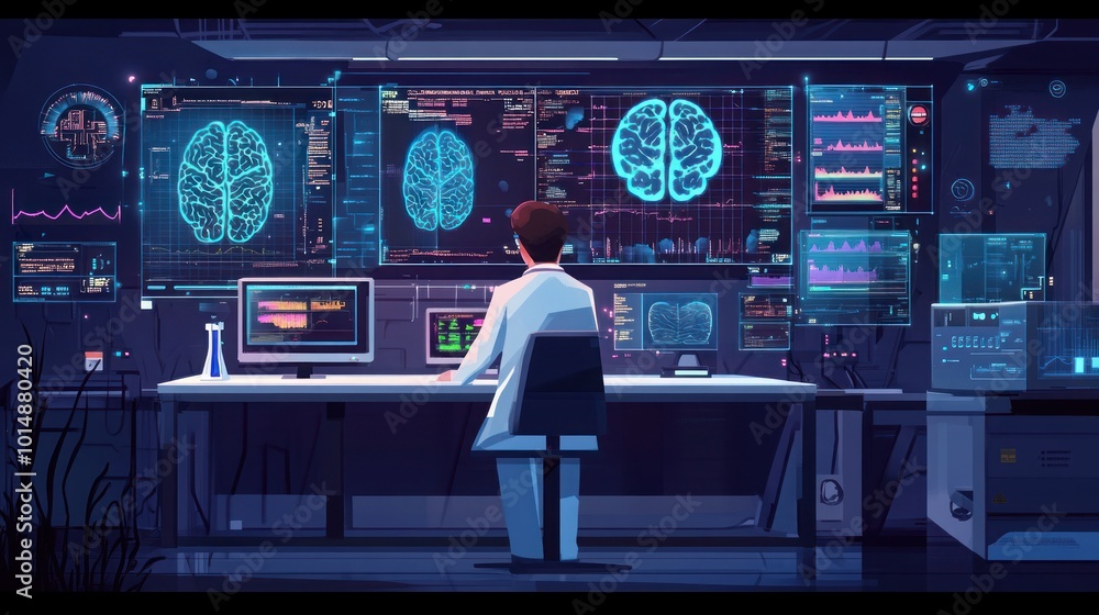 Aufkleber a scientist in a white coat sits at a computer in a futuristic laboratory, analyzing brain activity 