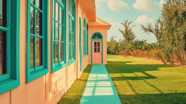 Innovative abode with turquoise window frames, a mulberry terrace, and ecru walls The path is jade, leading to a peach door, with a periwinkle lawn under a platinum sky