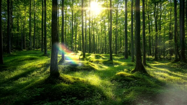 the forest with green grass and high tree with sunrays beautiful and fresh of nature video animation background looping seamless 4k quality 