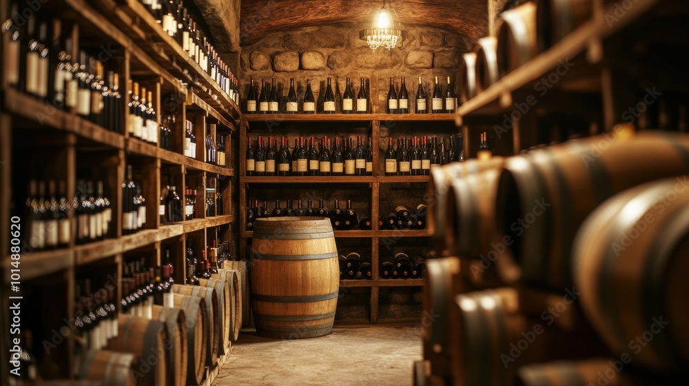 Poster a spacious wine cellar featuring wooden barrels and neatly stacked bottles on rustic shelves for agi