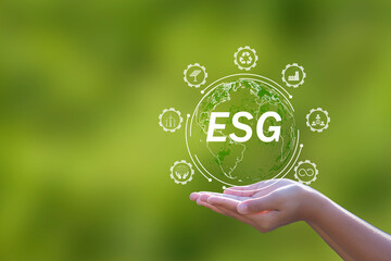 ESG, Environmental, Social and Governance Sustainable Industry of Business global warming reduction concept on green background	