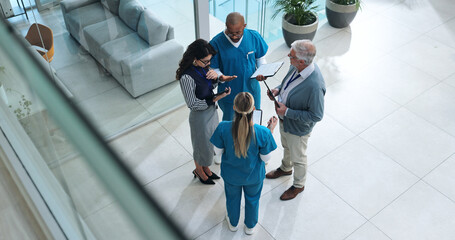 Medical team, people and meeting at hospital for report, results and progress on healthcare project...