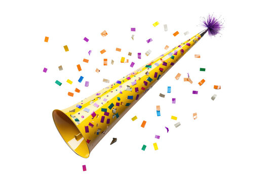 Celebrate with a colorful party horn, exuding joy and confetti, perfect for festive occasions and celebrations isolated on transparent background.