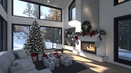 A cozy living room decorated for Christmas with a fireplace, a Christmas tree, gifts under the...