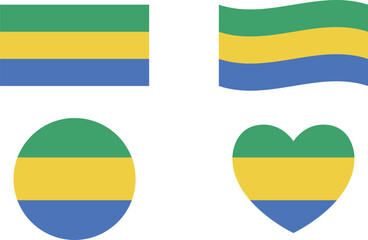 Gabon flags set. Circle icon. waving flag. heart shape icon. Various designs