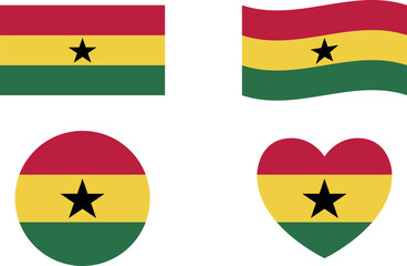Ghana flags set. Circle icon. waving flag. heart shape icon. Various designs