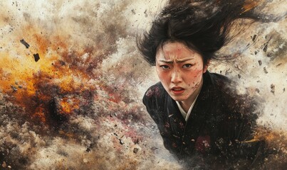 Obraz premium A woman with a fierce expression amidst fire and debris.