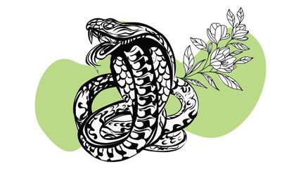 This image features a detailed black and white illustration of a coiled snake with an open mouth, accompanied by blooming flowers on a green abstract background.