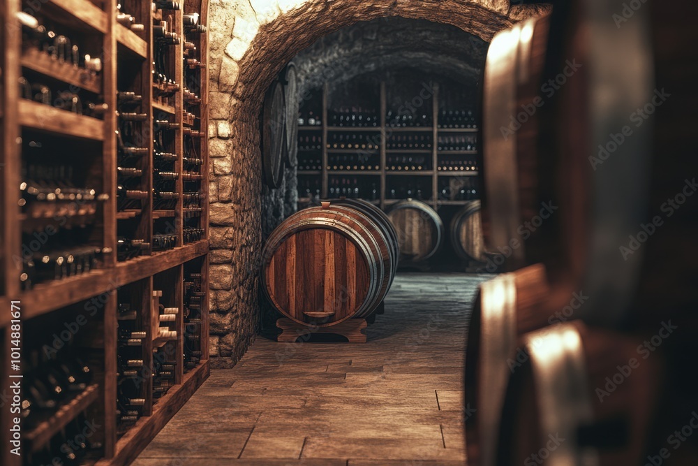 Poster explore the enchanting wine cellar adorned with rustic wooden barrels and shelves filled with fine w