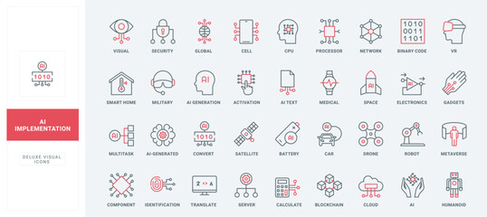 Implementation of AI services, activation and identification line icon set. Auto generated data with machine assistant, business automation thin black and red outline symbols vector illustration