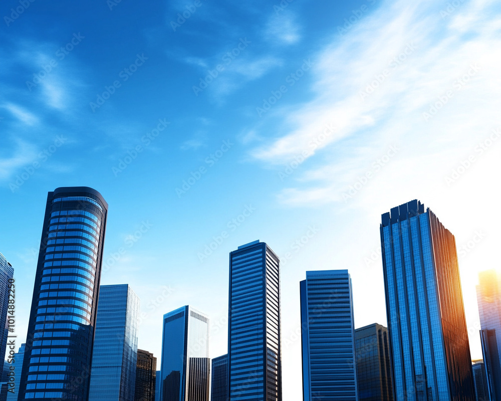 Wall mural a stunning city skyline under a bright blue sky, showcasing modern skyscrapers bathed in sunlight.