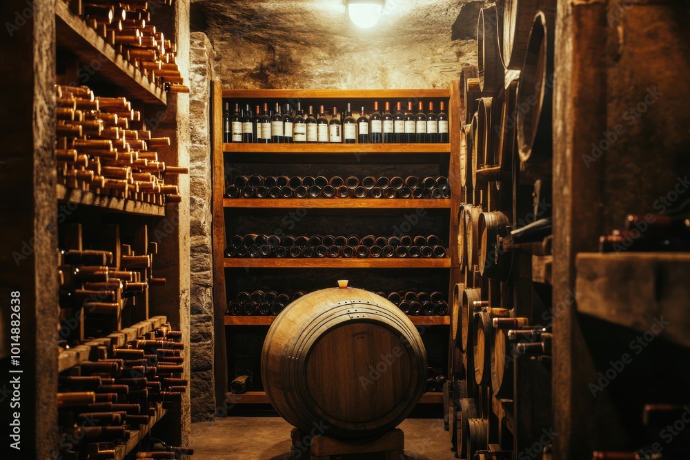 Poster explore a rustic wine cellar filled with wooden barrels and meticulously stacked bottles of fine win