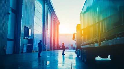 Two figures converse near a truck in a warehouse at sunset.