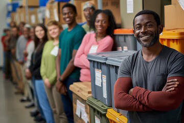 Diverse group of volunteers standing in line at a warehouse, concept of community service and teamwork for nonprofit or charity events promoting social good