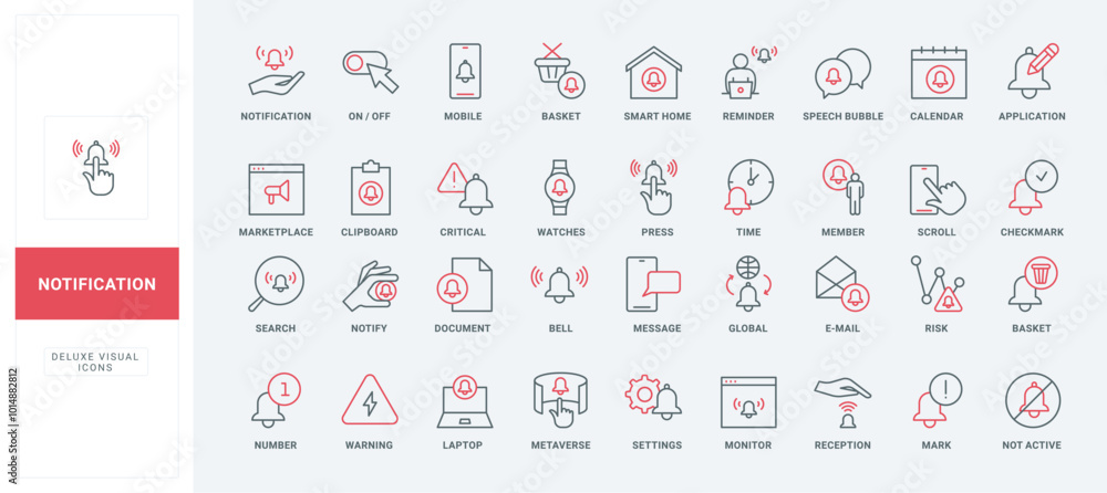 Poster notification bell and alert messages for attention to event, settings and action line icon set. warn
