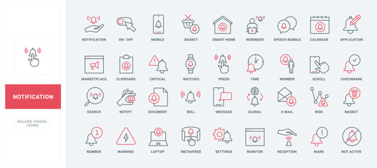 Notification bell and alert messages for attention to event, settings and action line icon set. Warning sign, email subscription, critical error thin black and red outline symbols vector illustration