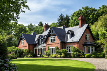 Obraz premium An elegant Victorian red brick house with a black roof, set in the beautiful English countryside surrounded by lush greenery and trees. The scene includes large windows, ornate decorative elements l