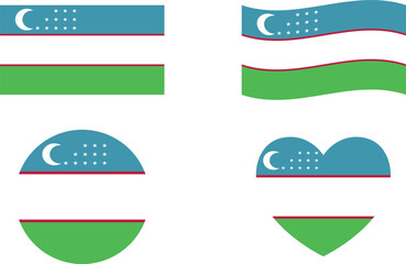 Uzbekistan flags set. Circle icon. waving flag. heart shape icon. Various designs