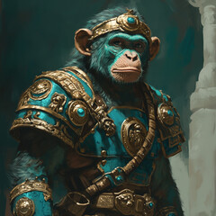 Fototapeta premium Gladiator Spirit: Turquoise Monkey Dressed in Gladiator Armor