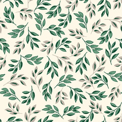 simple seamless pattern, small green leaves for fashion textile or wallpaper background, vector illustration