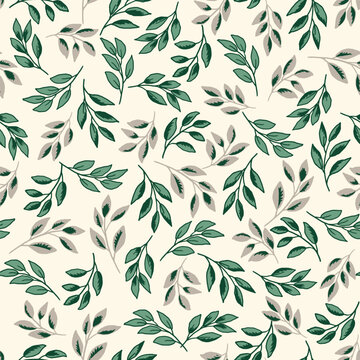 simple seamless pattern, small green leaves for fashion textile or wallpaper background, vector illustration