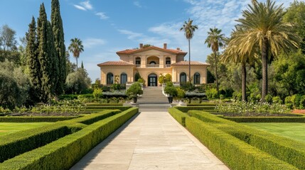 Fototapeta premium A grand mansion surrounded by lush gardens and palm trees, showcasing elegant architecture and serene landscaping.