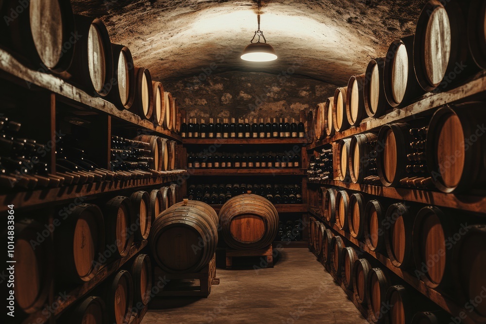 Poster Explore a rustic wine cellar with wooden barrels and meticulously arranged wine bottles stored on shelves. Generative AI