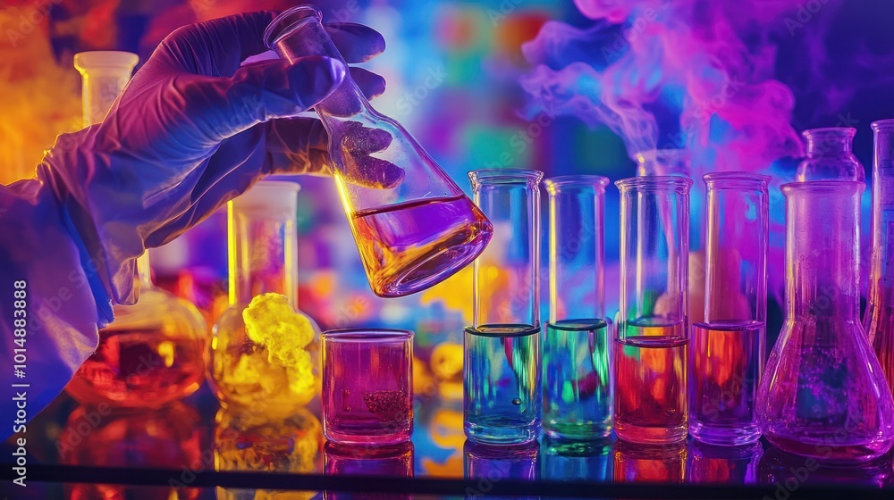 Poster a gloved hand pours a liquid from a flask into a test tube. the colorful liquids in test tubes and f