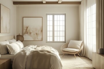 3D Rendering of Modern Bedroom with Minimalist Decor in Light Beige Tones. AI generated illustration