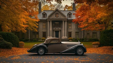 A vintage car parked in front of a grand mansion surrounded by autumn foliage.