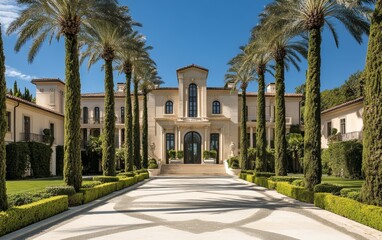Fototapeta premium A grand mansion surrounded by palm trees and manicured gardens, showcasing luxury and elegance.