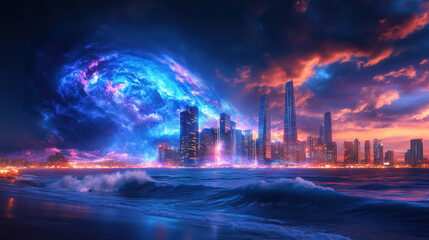 Catastrophic Tsunami Wave Towering Over a Vibrant City Skyline in a Coastal Setting