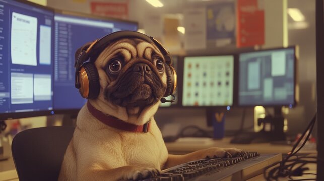 A small pug with headphones is positioned at a cluttered desk, intently focused on a keyboard while surrounded by flickering computer screens in a lively office setting.